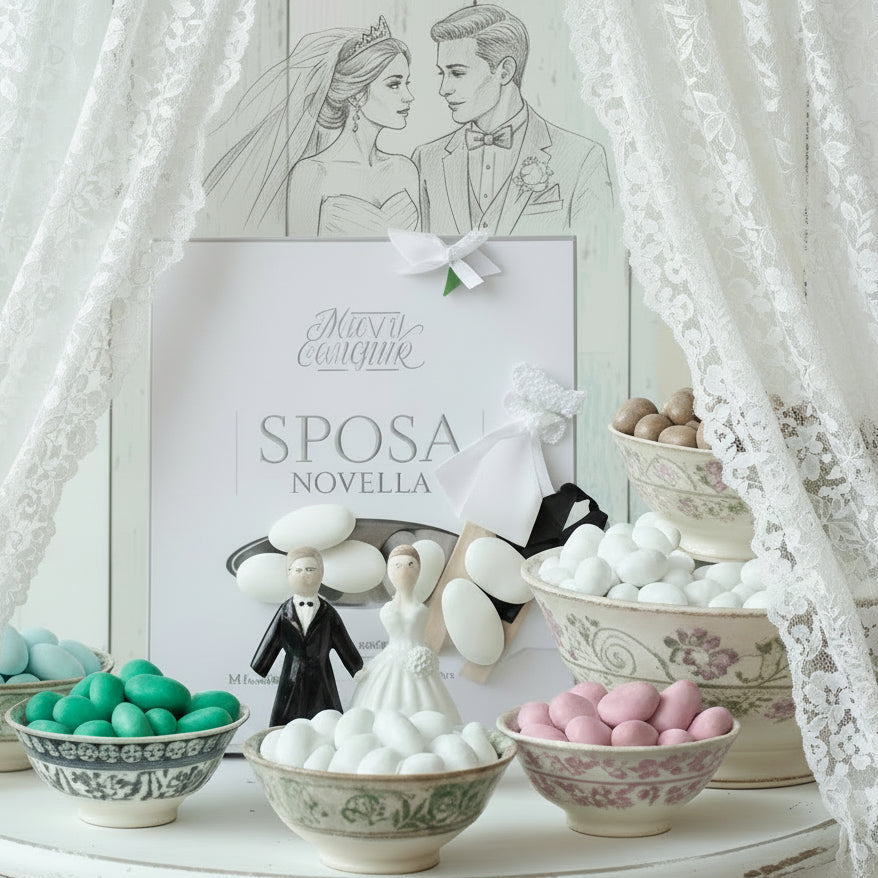Sposa novella Maxtris confetti italiani al kg rosa celesti azzurri bianchi verdi- tiffani-chiaro avola tortora colorati mandorla classica uso fai da te bomboniere alta resa confettata confezionamento sacchetti matrimonio con miniature abiti sposi Comunione Battesimo nascita