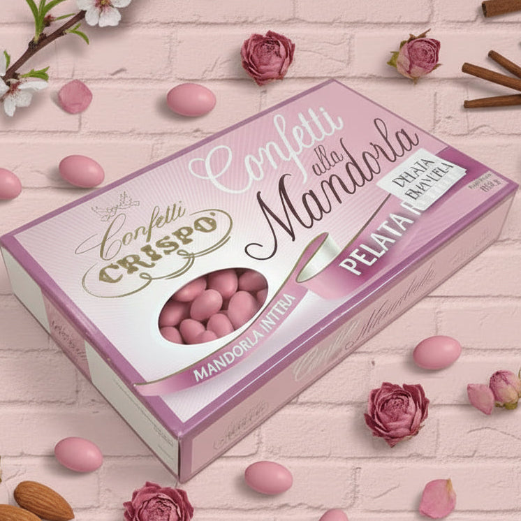 confetti italiani classici mandorla crispo intera pelata emanuela scatola 1 kg uso bomboniere fai da te confettata comunione cresima battesimo nascita babyshower colore rosa anniversario  nozze idea degustazione con allestimento mandorle e vaniglia pizzo