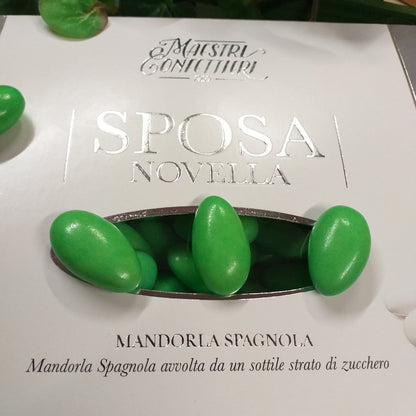 colore verde Sposa Novella Maestri confettieri Maxtris confetti italiani al kg mandorla classica spagnola uso fai da te bomboniere alta resa confettata confezionamento sacchetti matrimonio Comunione Battesimo nascita anniversario nozze