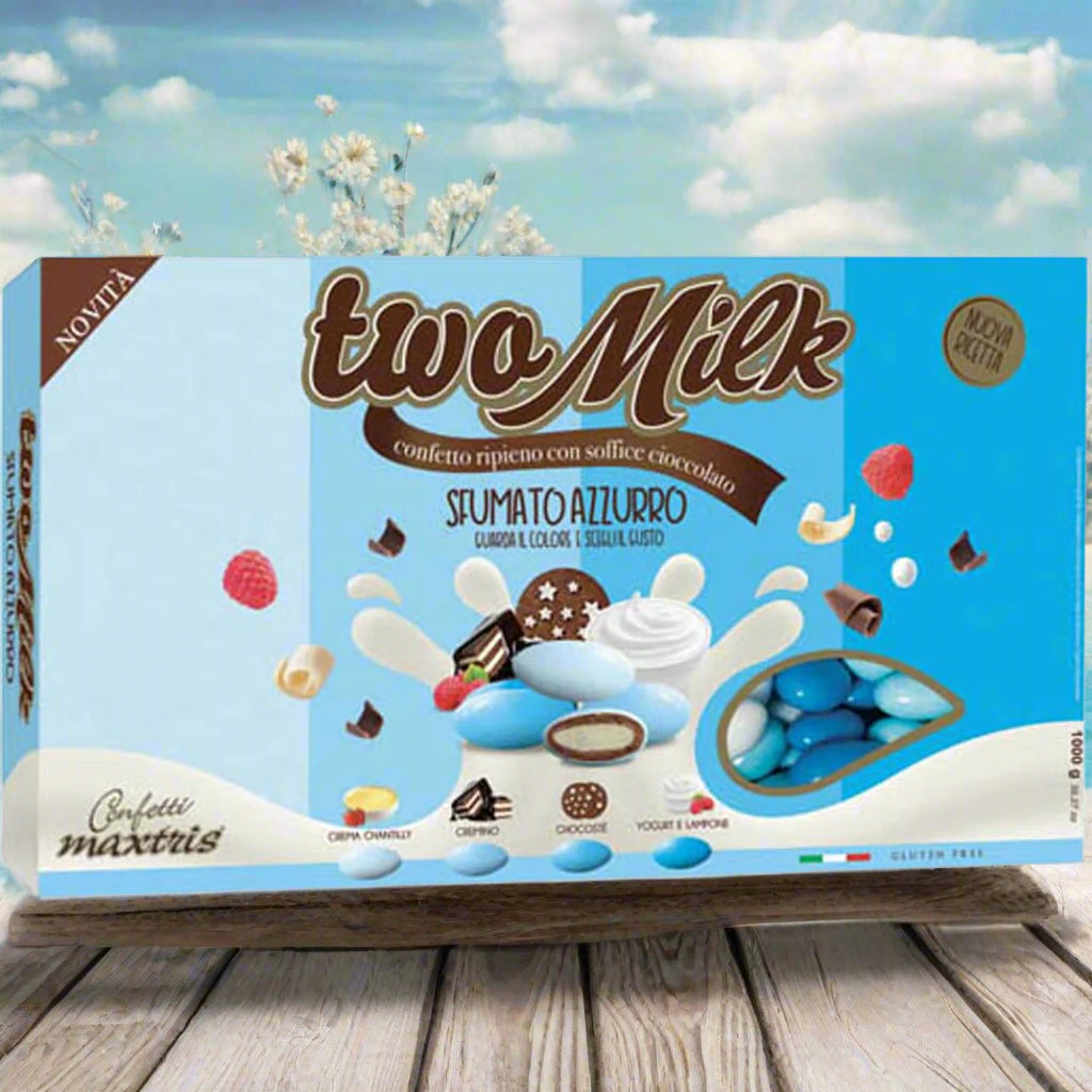 confetti maxtris nuova ricetta made in italy two milk ripieni con soffice cioccolato al latte bianco e nero bianchi azzurri sfumati gluten free per bomboniere e confettata