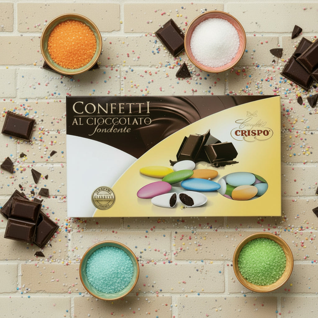confetti italiani cioccolato fondente crispo misto colorati bianco giallo arancione verde turchese rosa per fai da te bomboniere e confettata consigliati battesimo cresima prima comunione nascita babyshower matrimonio anniversario degustazione e confezionamento sacchetti