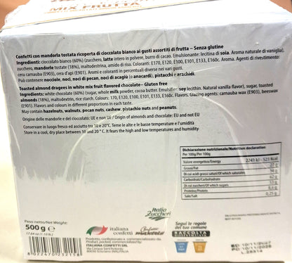 confetti mandorla tostata ricoperta di cioccolato bianco ai gusti assortiti di frutta senza glutine ingredienti aromi e coloranti, allergeni, origine dei prodotti UE e non UE, consigli di consevazione, dichiarazione nutrizionale, Italian confetti, peso 500 g
