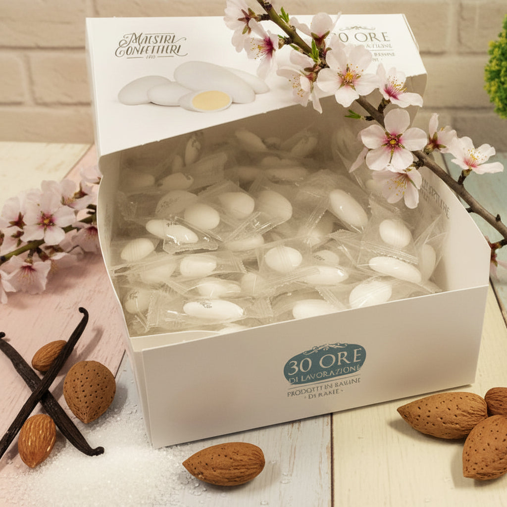 30 ore di lavorazione maestri confettieri confetti maxtris 500 g vassoio eccellenza italiana incartati singolarmente mandorla spagnola pelata bianchi prodotti in bassine di rame con vaniglia bourbon le classiche crystal