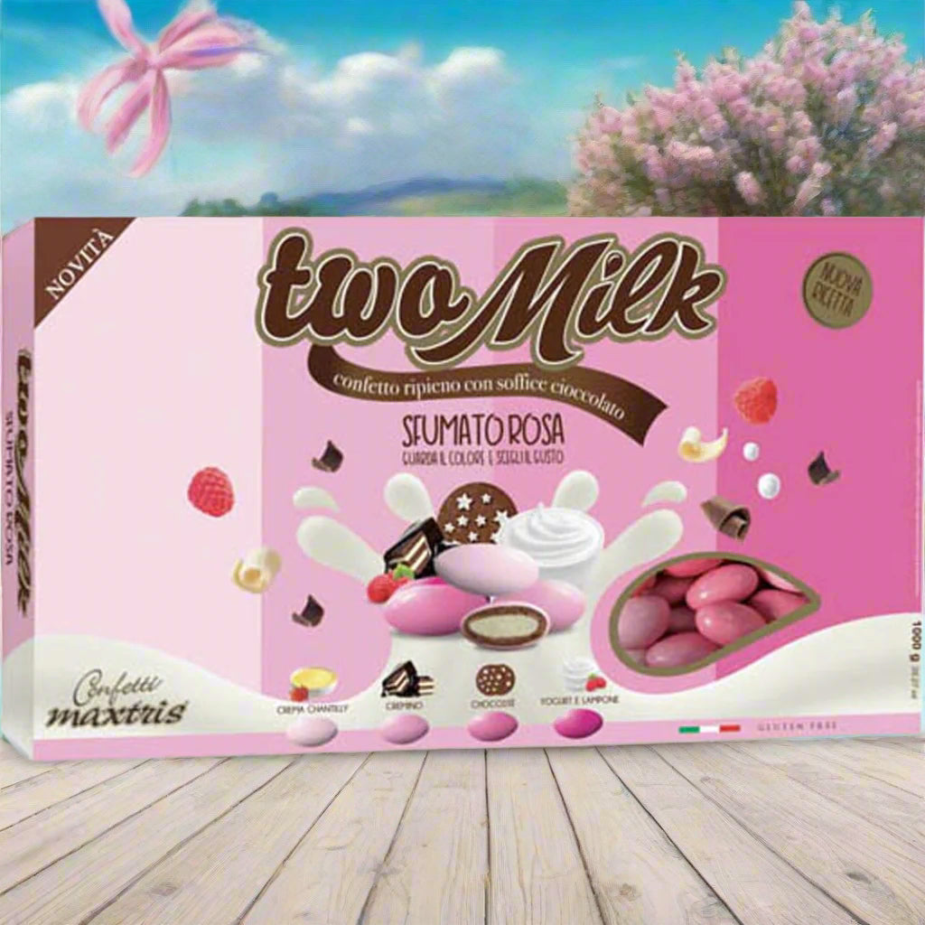 confetti maxtris nuova ricetta made in italy two milk ripieni con soffice cioccolato al latte bianco e nero bianchi rosa fucsia sfumati gluten free per bomboniere e confettata