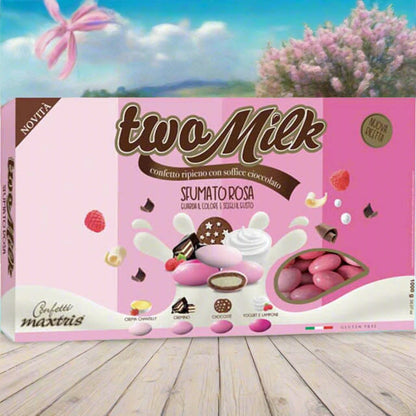 confetti maxtris nuova ricetta made in italy two milk ripieni con soffice cioccolato al latte bianco e nero bianchi rosa fucsia sfumati gluten free per bomboniere e confettata