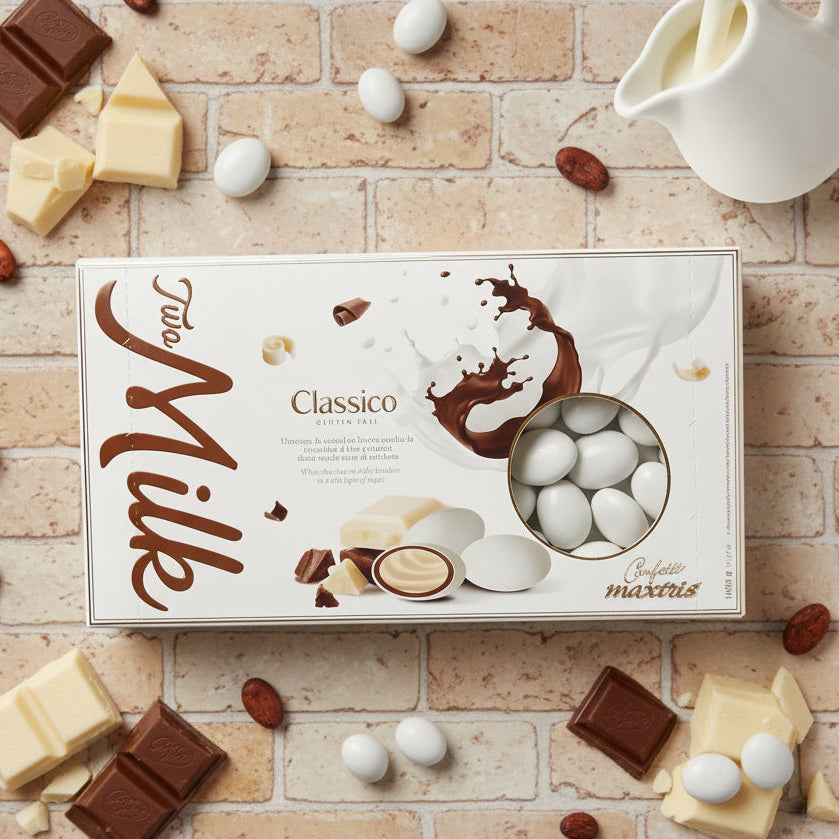 confetti maxtris nuova ricetta made in italy two milk ripieni con soffice cioccolato al latte bianco e nero bianchi per bomboniere e confettata