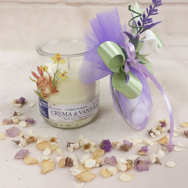 idea fai da te addobbi decorazioni candela bomboniera battesimo nascita centrotavola sticker coniglietto fiori  confezionato confetti tulle lavanda calla