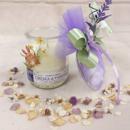 idea fai da te addobbi decorazioni candela bomboniera battesimo nascita centrotavola sticker coniglietto fiori  confezionato confetti tulle lavanda calla