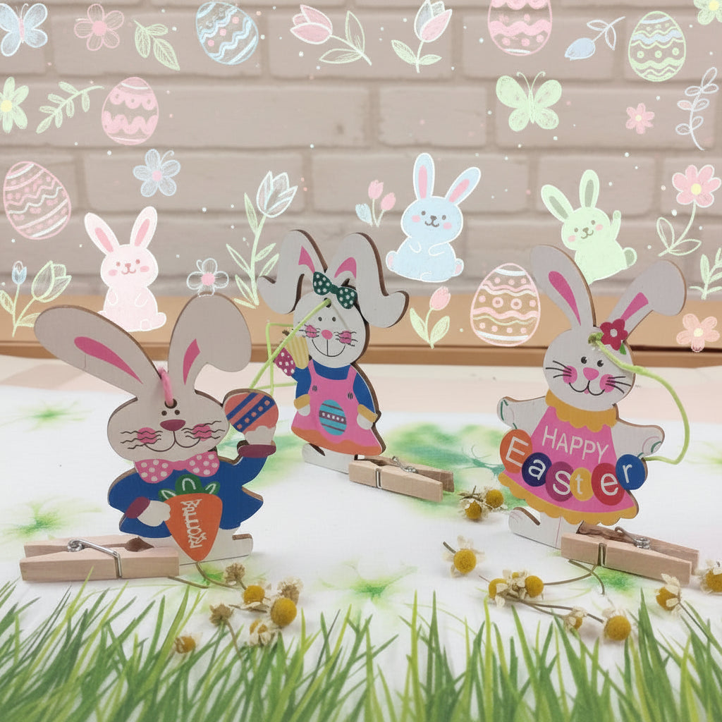 clip mollettine ciondoli coniglietti pasquali colorati arancio rosa blu happy easter scritta welcome uova fiori uso packaging segnaposto idea regalo sorpresa ovetti cioccolato gadget souvenir