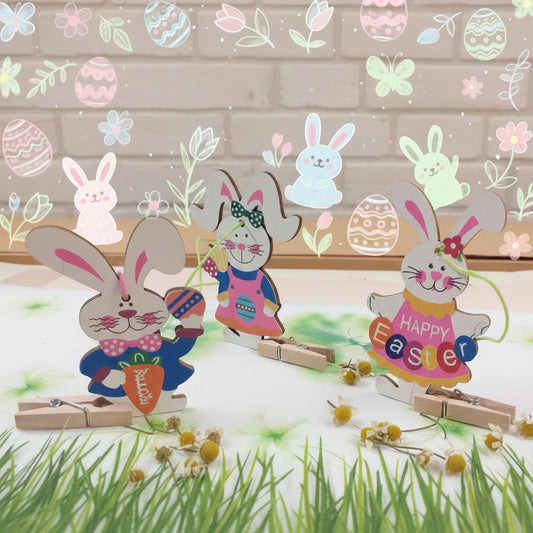 clip mollettine ciondoli coniglietti pasquali colorati arancio rosa blu happy easter scritta welcome uova fiori uso packaging segnaposto idea regalo sorpresa ovetti cioccolato gadget souvenir