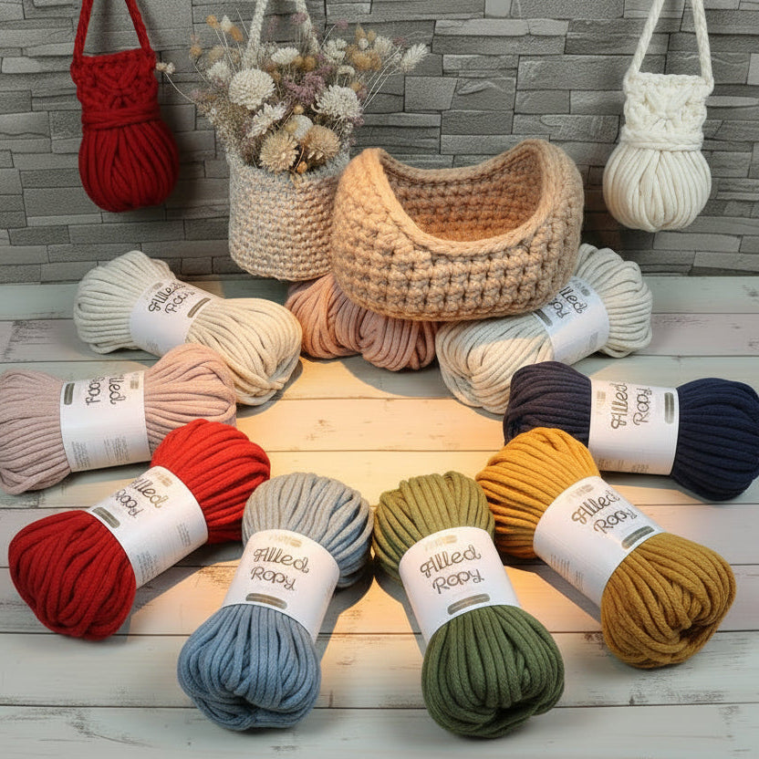 come lavorare mini tubolare da riempire rosso crema giallo beige rosa stafil green 250 g 50 metri filled ropy filato uncinetto corda intrecciata cotone riciclato cordoncino macramè crochet rope uso borse cestino culla bambola