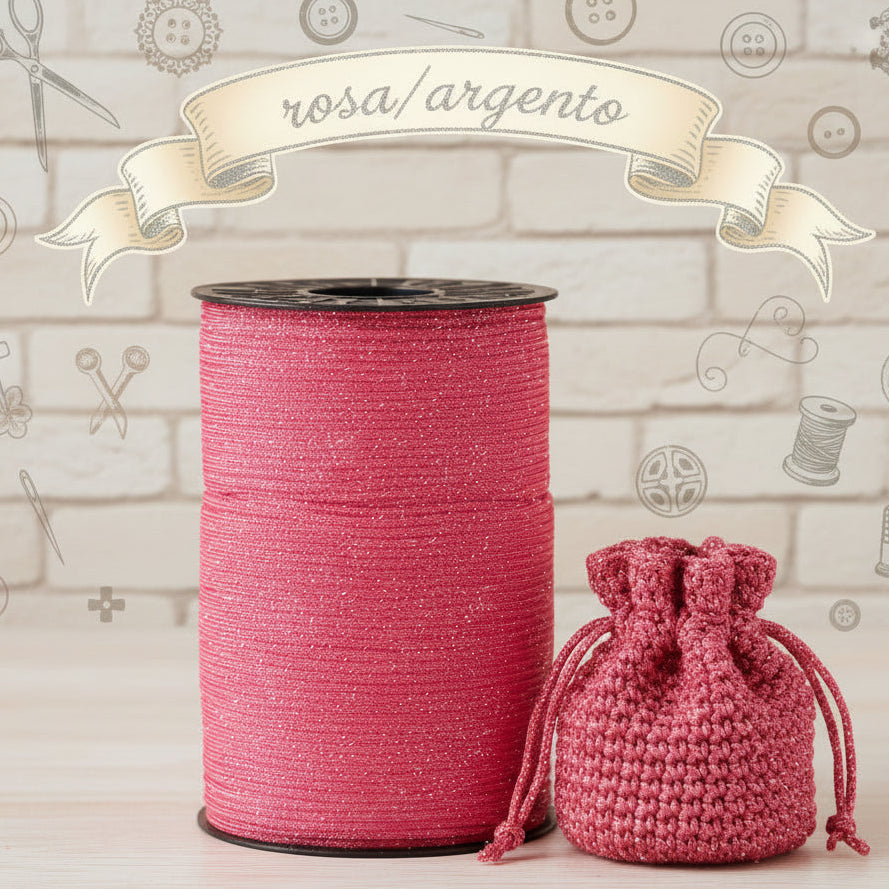 rosa/argento borsetta con catenella nappina pochette tripolino thai cordino lurex brillantinato lamè glitter per bijoux borse uncinetto progetti amigurumi crochet cordoncino bags luccicanti dorate clutch sera cerimonia