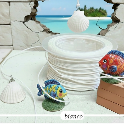cordoncino cotone cerato bianco vendita rotolo cordini uso fai da te bijoux bigiotteria con ciondoli lavori creativi uncinetto laccio collane gioielleria nodi scoubidou collane conchiglia