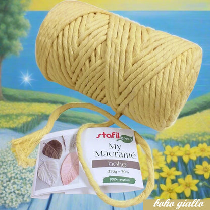 giallo cordino macramè 4 mm filato stafil boho cotone pettinato cordoncino per tende borse mare spiaggia estive nodi marinari spago uso lavorazione a mano uncinetto creazioni portapiante decorazioni muro arazzi scacciapensieri giostrine cuscini tappeti coperte cestini tecnica foglie piume