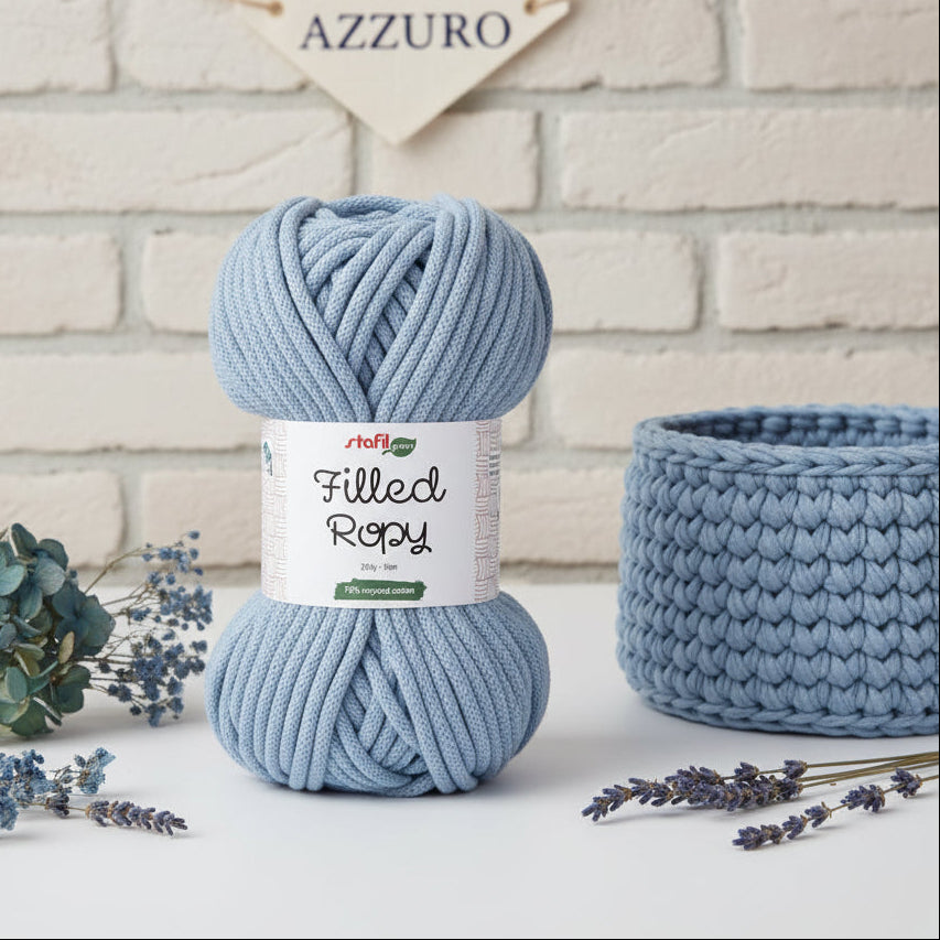 mini tubolare vuoto da riempire azzurro stafil green 250 g 50 metri filled ropy filato uncinetto corda intrecciata cotone riciclato cordoncino macramè crochet rope uso borse idea inizio intreccio tessitura cestino da appendere