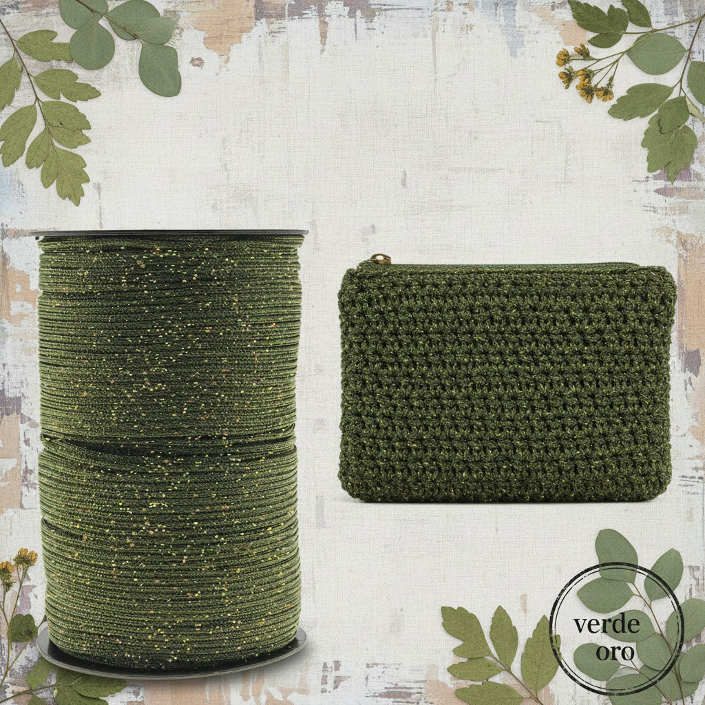crochet green cordino thai verde muschio oro glitter lurex brillantini per borse pochette uncinetto