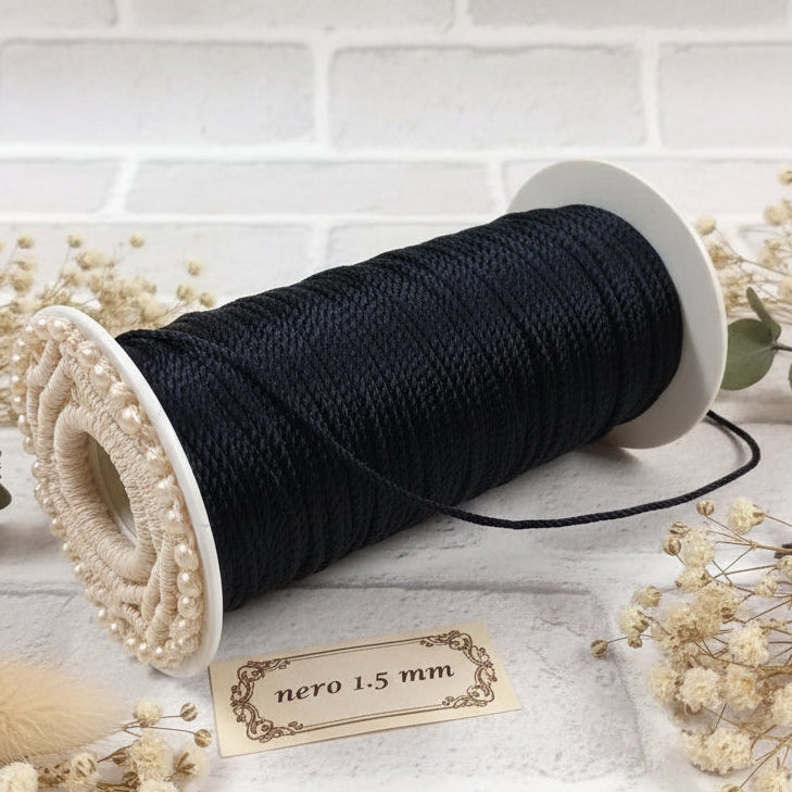 colore nero cordino intrecciato bomboniera 1.5 mm cordoncino passamaneria copripunto misto cotone uso fai da te bambole bigiotteria packaging borse uncinetto e bijoux rilegatura libretti messa