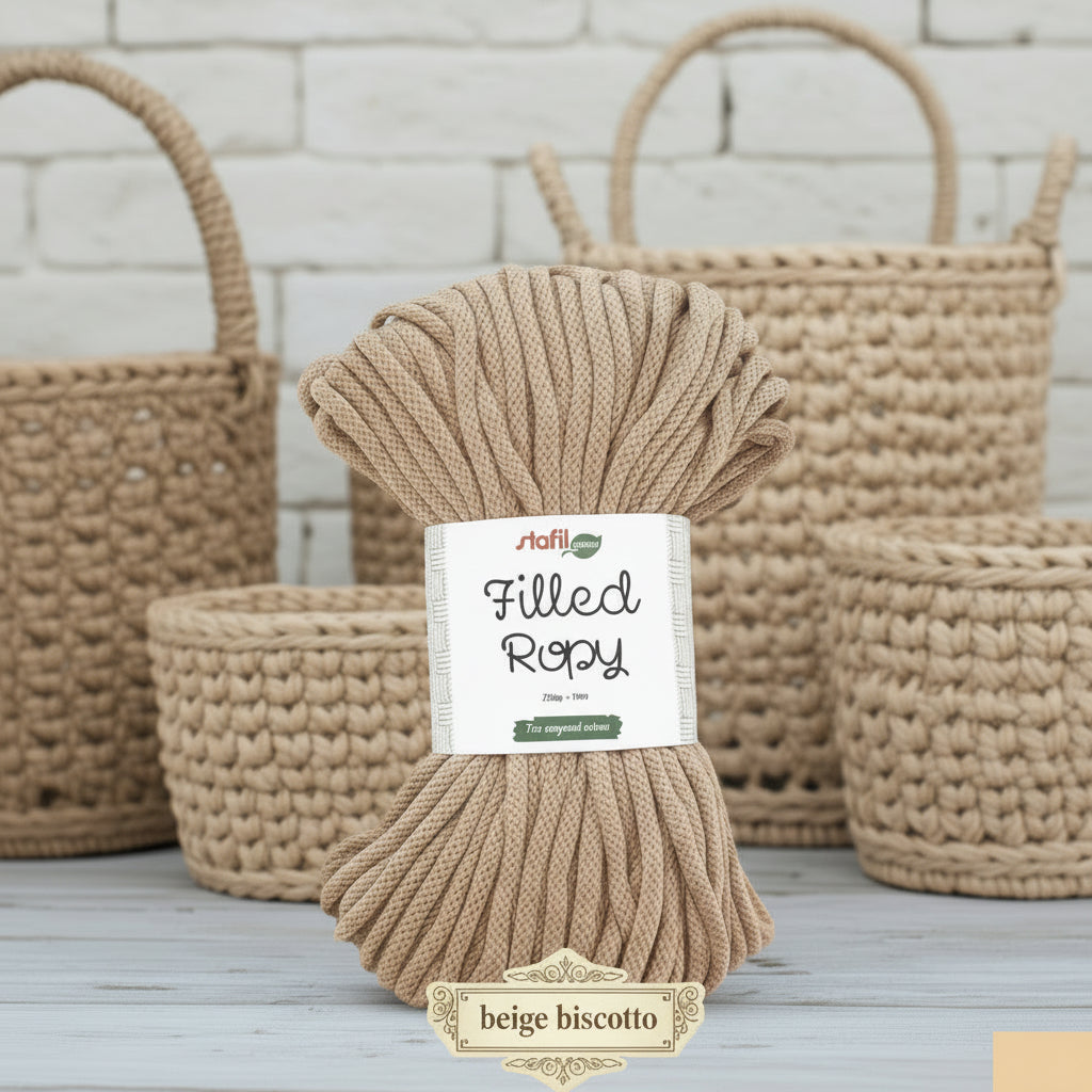 beige biscotto stafil green 250 g 50 metri filled ropy filato uncinetto corda intrecciata cotone riciclato cordoncino macramè crochet rope uso borse cestino