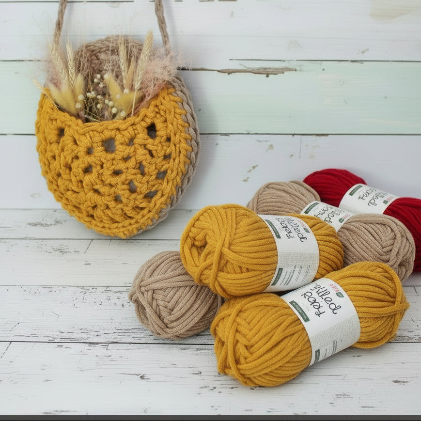 cestino da parete composizione fiori secchi uncinetto corda intrecciata Stafil Filled ropy cotone riciclato beige rosso senape cordoncino macramè crochet