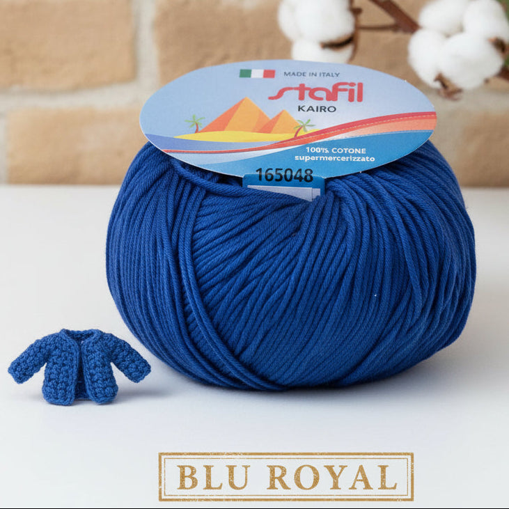 blu royal filato grosso Stafil kairo lana stock filo di cotone supermercerizzato per uncinetto ferri lavori a maglia 3-4 uso sferruzzare crochet top canotta costumi estivi scialli maglie sandali espadrillas cappelli moda mare abbigliamento amigurumi casa delle bambole
