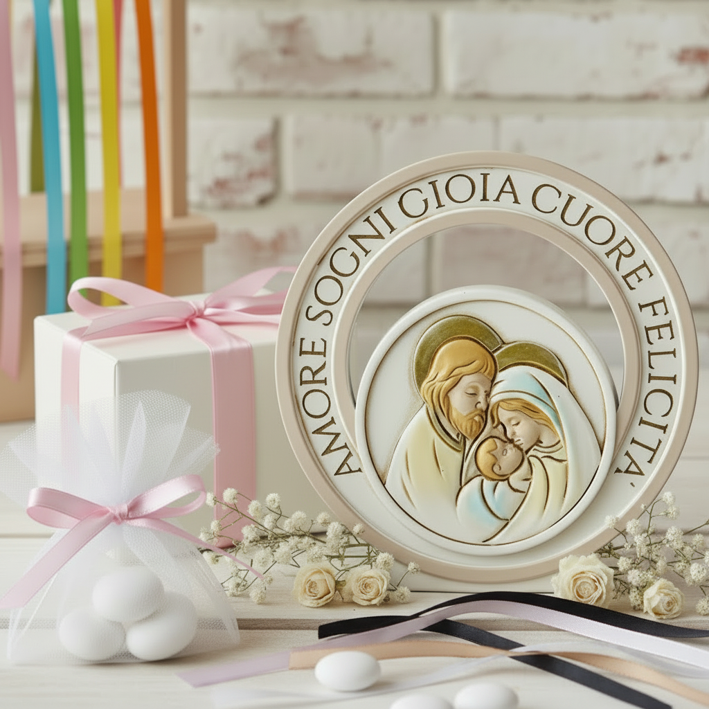 packaging rosa femminuccia bambina, amore sogni gioia cuore felicità scritte icona sacra famiglia sacra religiosa bomboniere comunione cresima battesimo matrimonio forma globo confezione scatola nastro confetti scelta colori allestimento fiori secchi