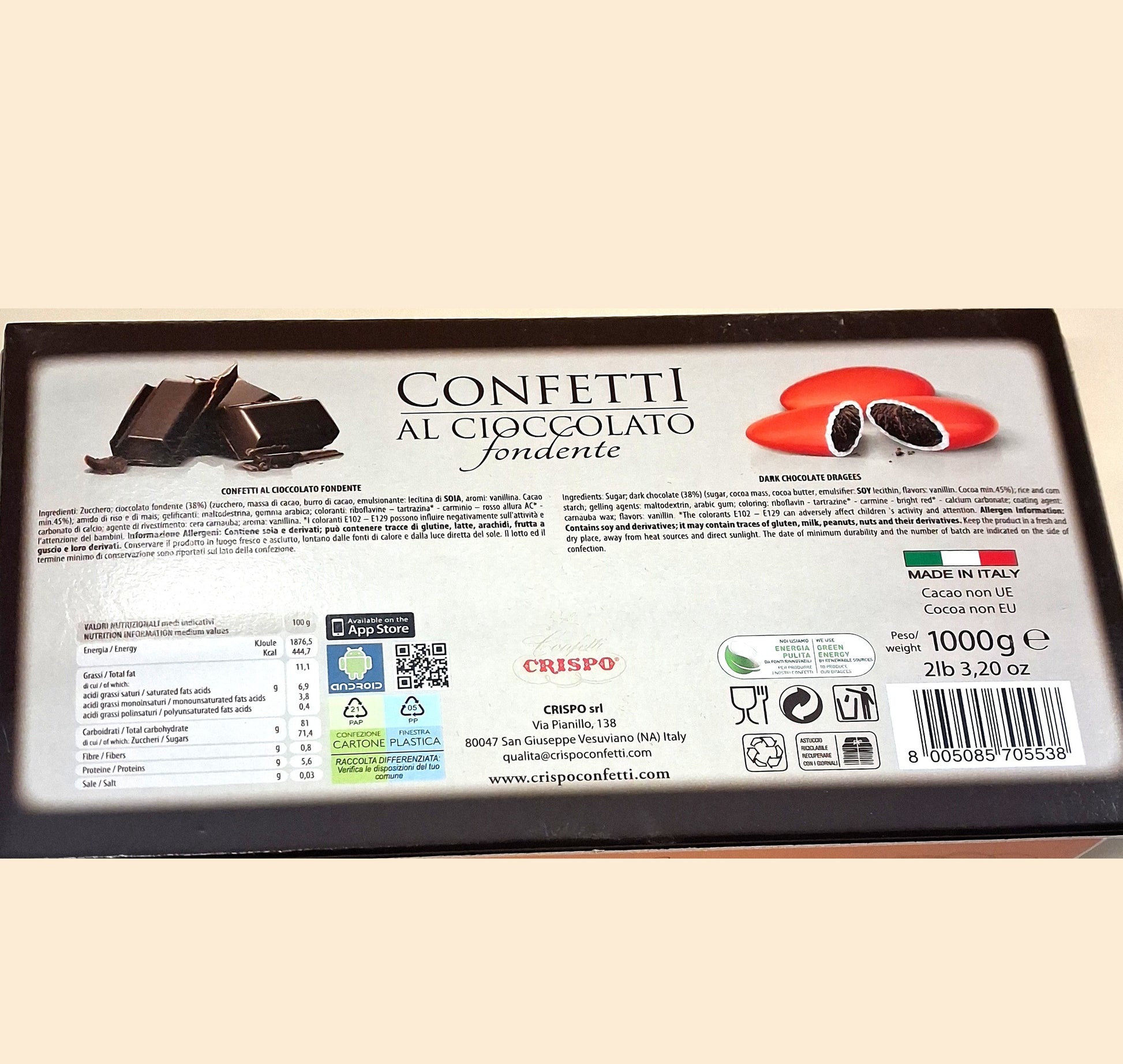 confetti made in italy crispo cioccolato fondente rossi scatola 1 kg per bomboniere fai da te e confettata ingredienti e tabella nutrizionale indirizzo produttore