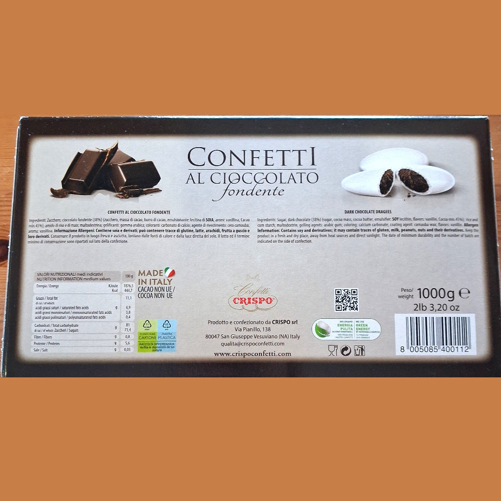 confetti al cioccolato fondente crispo valori nutrizionali, made in italy con cacao  no ue, 1000 g, indirizzo crispo srl, ingredienti, allergeni