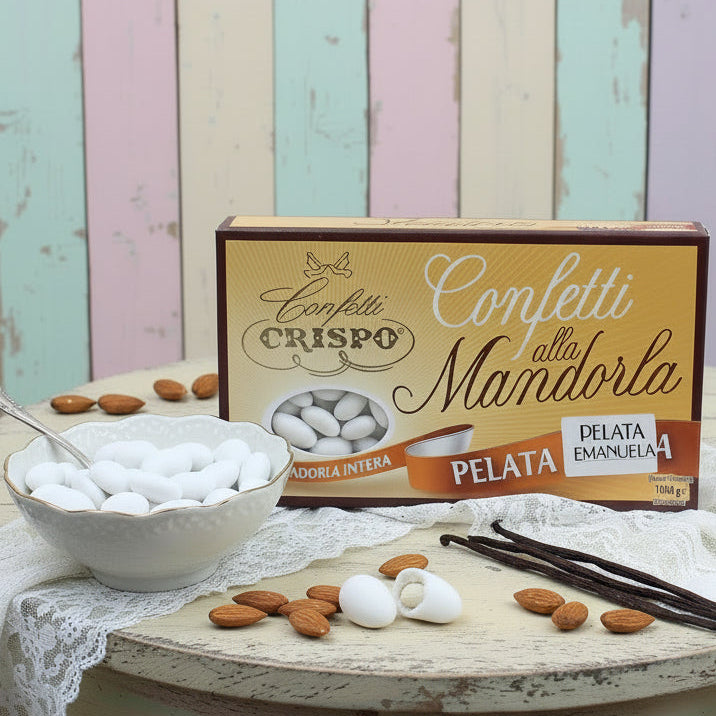 confetti italiani classici mandorla crispo intera pelata emanuela scatola 1 kg uso bomboniere fai da te matrimonio confettata comunione cresima battesimo colore bianchi anniversario  nozze idea degustazione con allestimento mandorle e vaniglia pizzo