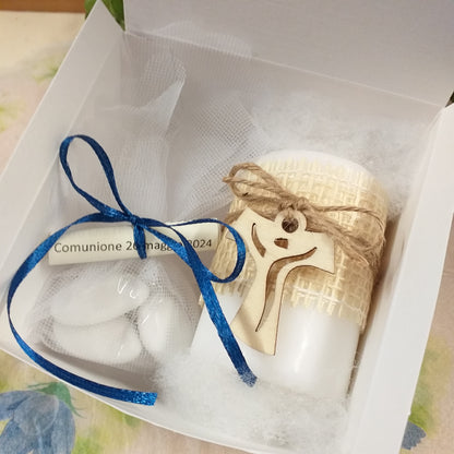 candela bianca cero lunga durata lumino bomboniera juta corda ciondolo Croce Tau legno confezionata confetti tulle e scatolina bomboniera green per Comunione Cresima