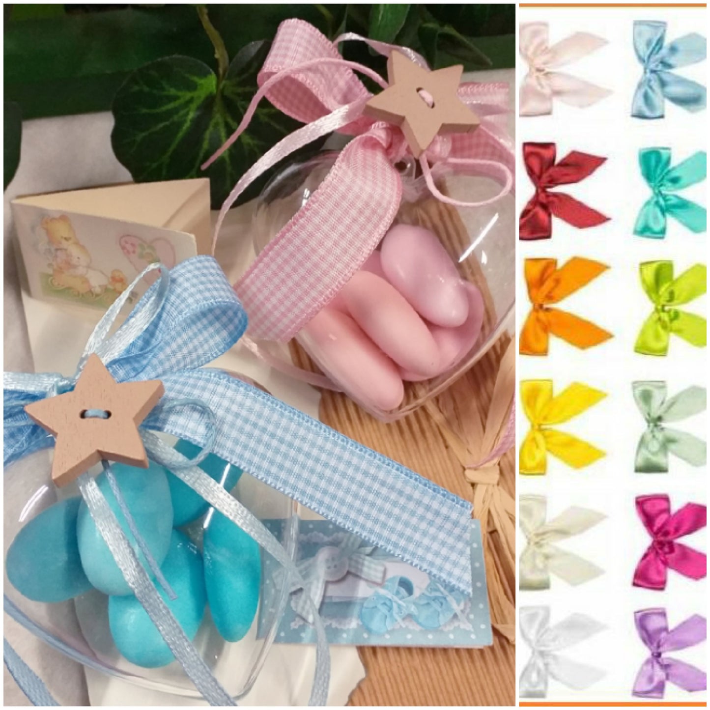 scelta colori portaconfetti scatoline cuoricini per bomboniere con stelline legno allestimento confettata nascita babyshower battesimo comunione compleanno