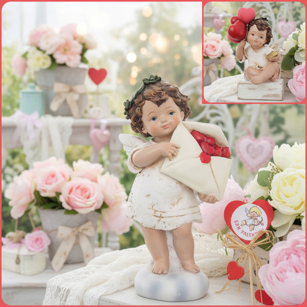 statuetta angelo cupido san valentino confezione regalo cuoricini legno sticker rossi rafia angioletto in piedi lettera seduto con palloncini