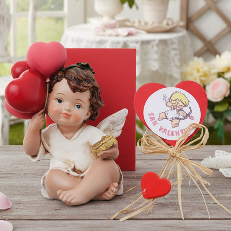 statuetta angelo cupido san valentino confezione regalo cuoricini legno sticker rossi rafia angioletto seduto con palloncini