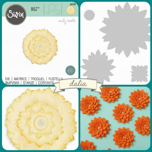 stampo manuale fustella sizzix bigz uso per tagliare fiori forma dalia con feltro pannolenci fommy gomma crepla mpn 662594 emily tootle