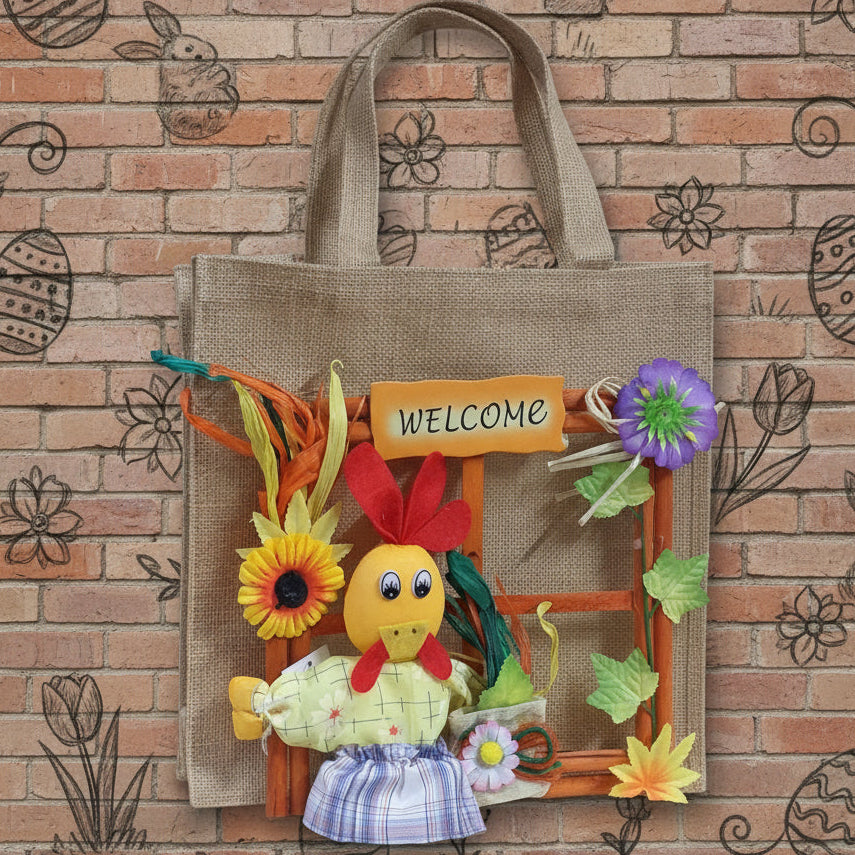 borsa juta packaging confezione regalo e applicazione chioccia gallina pezza pannolenci fuoriporta legno finestra welcome fiorellini primula viola foglie edera rafia girasole borsetta margherita pupazzo per decorazioni pasquali vetrine negozi