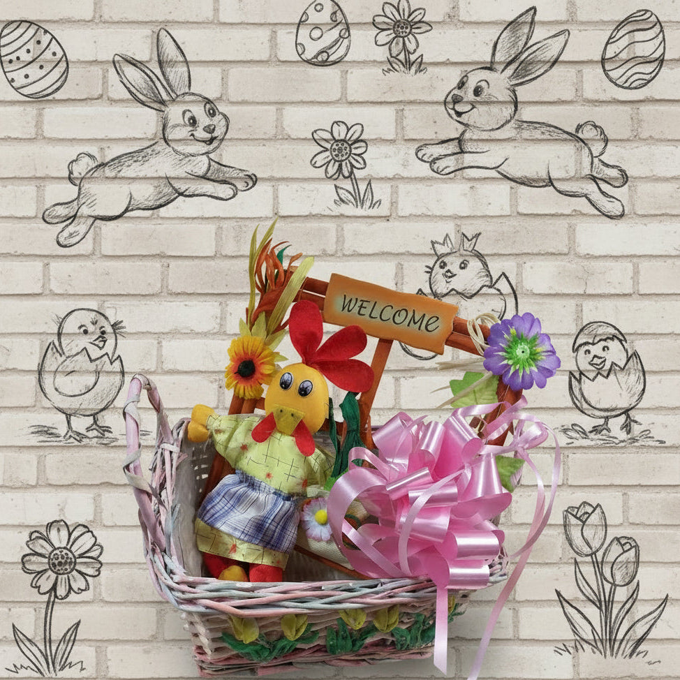 cestino rosa fiocco fiori gialli confezione regalo packaging chioccia gallina pezza pannolenci fuoriporta legno finestra welcome fiorellini primula viola foglie edera rafia girasole borsetta margherita pupazzo per decorazioni pasquali vetrine negozi