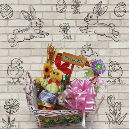 cestino rosa fiocco fiori gialli confezione regalo packaging chioccia gallina pezza pannolenci fuoriporta legno finestra welcome fiorellini primula viola foglie edera rafia girasole borsetta margherita pupazzo per decorazioni pasquali vetrine negozi