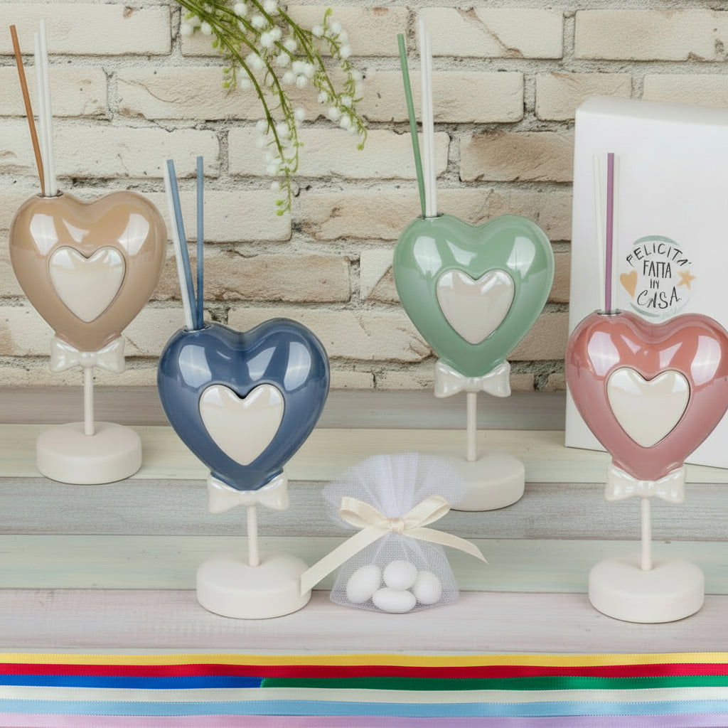 cuore piantina beige blu verde bordeaux rosa antico diffusore profumatore porcellana confezionare confetti tulle e nastrino di raso con astuccio scatola da bomboniera matrimonio Comunione Cresima Battesimo