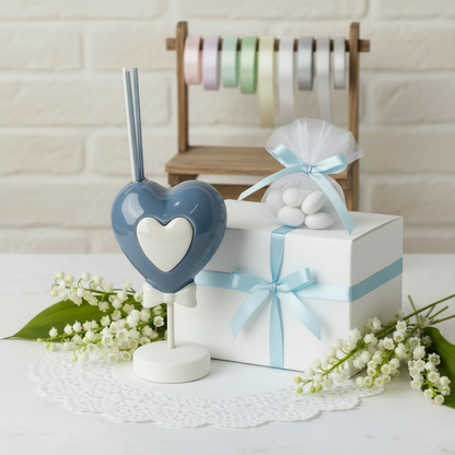 cuore piantinablu diffusore profumatore porcellana con astuccio scatola bastoncini da bomboniera matrimonio Comunione Cresima Battesimo confezionato confetti