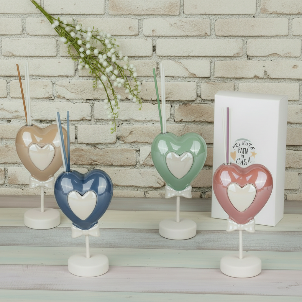 cuore piantina beige blu verde bordeaux rosa antico diffusore profumatore porcellana con astuccio scatola bastoncini da bomboniera matrimonio Comunione Cresima Battesimo
