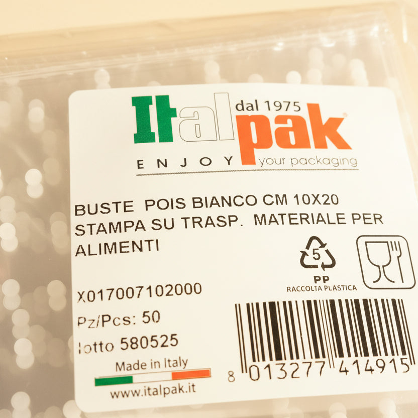 Italpak dal 1975 enjoy your packaging buste pois bianco 10 x 20 cm stampa su trasparente sacchetti plastica materiale per alimenti 50 pezzi made in italy lotto 580525
