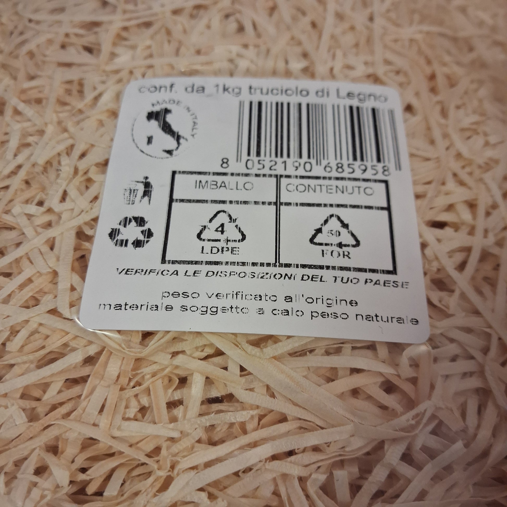 codice etichetta truciolo legno paglietta riempitivo made in italy confezione 1 kg peso verificato all'origine soggetto a calo peso naturale