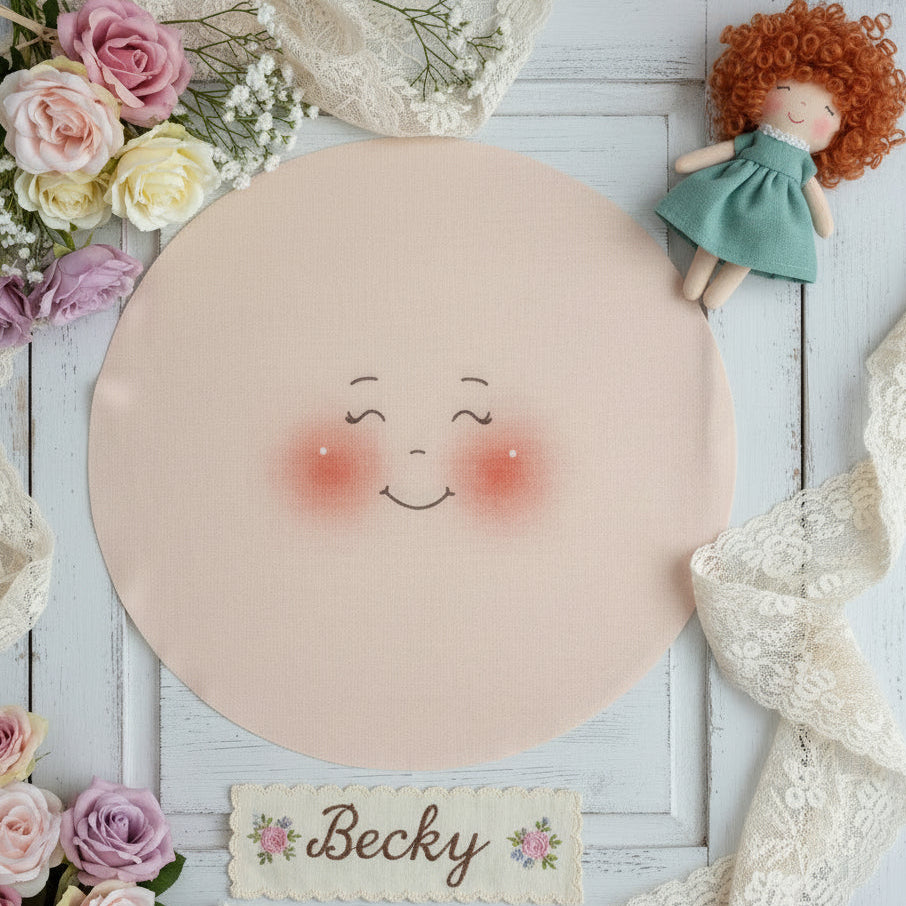 Becky occhi chiusi sorriso bambole di pezza grandi fai da te cucito creativo faccine maglina misto lycra 16 cm pannello per creare pigotte di stoffa tessuto capelli lana vestina cotonina ambiente shabby primavera