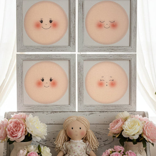 bambole di pezza grandi fai da te cucito creativo faccine maglina misto lycra 16 cm pannello per creare pigotte di stoffa tessuto capelli lana vestina cotonina ambiente shabby primavera
