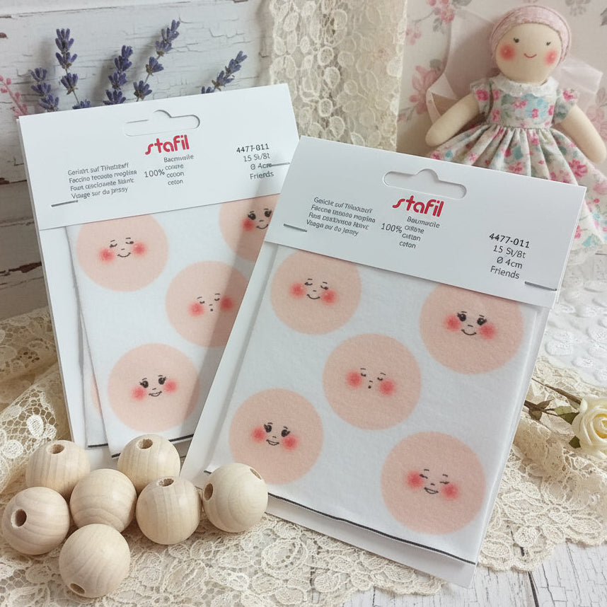 faccine maglina visetti bambole angioletti tessuto cotone stafil 4477-011 friends occhi aperti chiusi sorriso posa da cantore 5 modelli visi stampati disegnati colorati dipinti uso fai da te testine pupazzi di stoffa e pezza, gesicht auf trikotstoff 