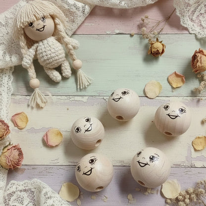 25 mm faccine testine palline forate legno dipinte disegnate stampate occhietti sorridenti ad uso angioletti bambole di pezza visetti fai da te creativo pigotte di stoffa tessuto Natale balocchi natalizi albero bamboline pasquali pupazzi bomboniere