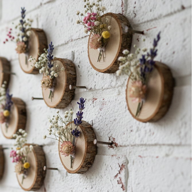 idee applicazioni fiori secchi con dischi piccoli rotondi fette di legno tronchi corteccia,  per decorazioni con basi centrotavola matrimonio composizioni pasqua natale decorazioni cordino macramè