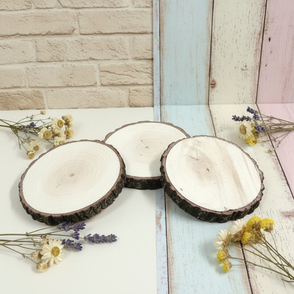 dischi piccoli rotondi fette di legno tronchi corteccia,  per decorazioni con basi centrotavola matrimonio composizioni pasqua natale decorazioni cordino macramè
