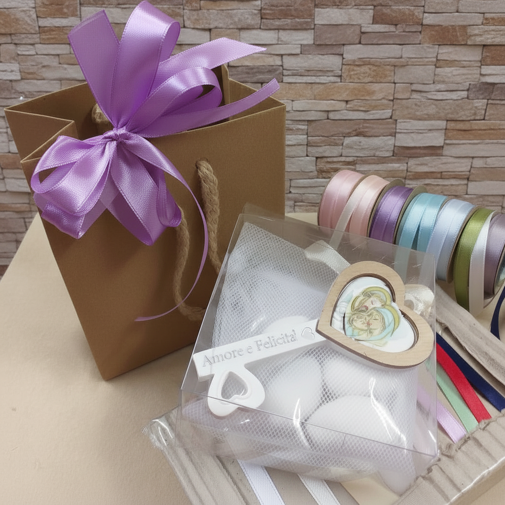 lilla lavanda e colori vari pastello per confezionamento bambino maschietto bimba femminuccia simboli pensiero ricordo chiave icona sacra religiosa frase stampata Amore e Felicità bomboniera comunione cresima confezionata 5 confetti con rappresentazione Sacra Famiglia
