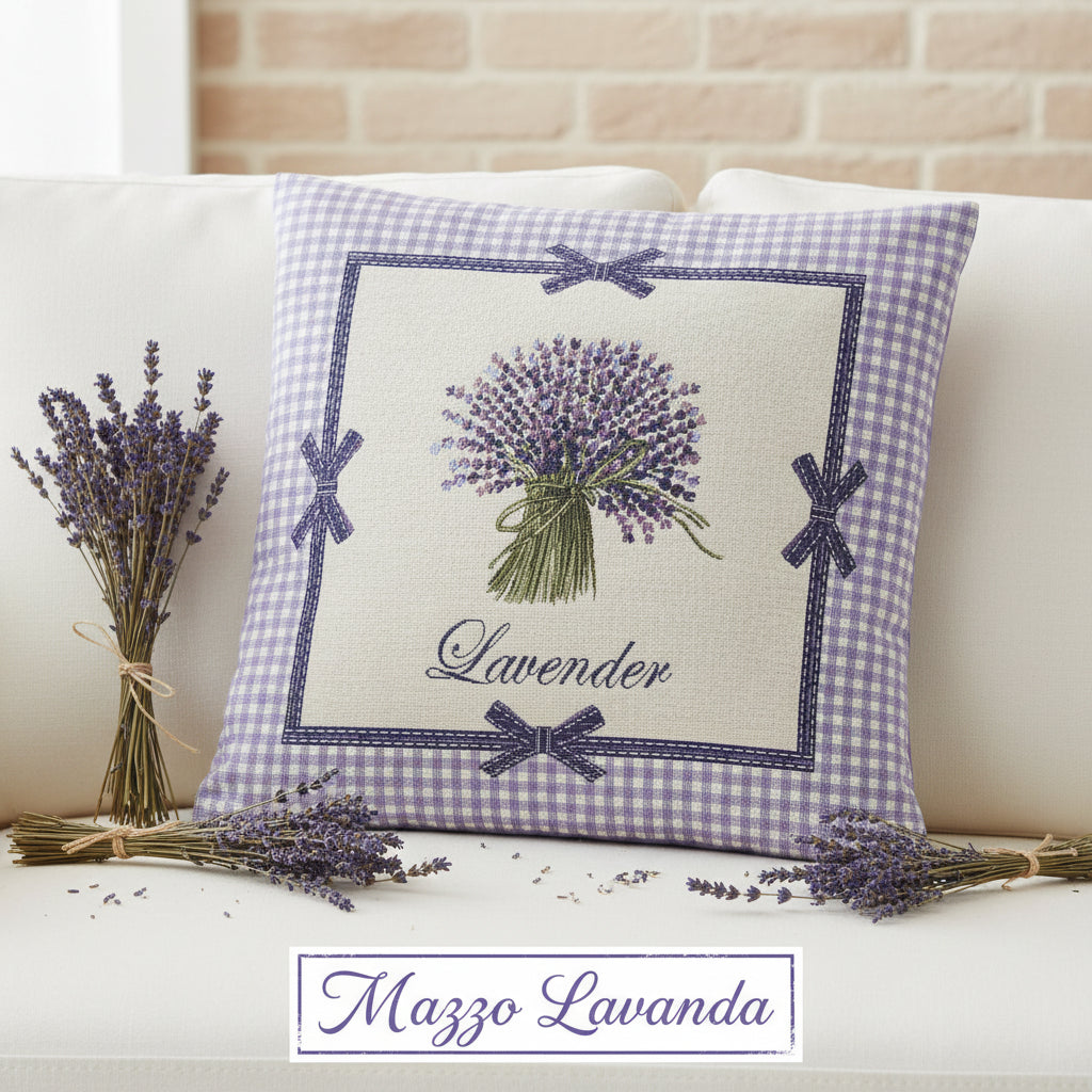 mazzo lavanda tessuto azzurro lilla quadretti stoffa tinta unita tela disegnata stampata idea regalo cucina cuscino federa