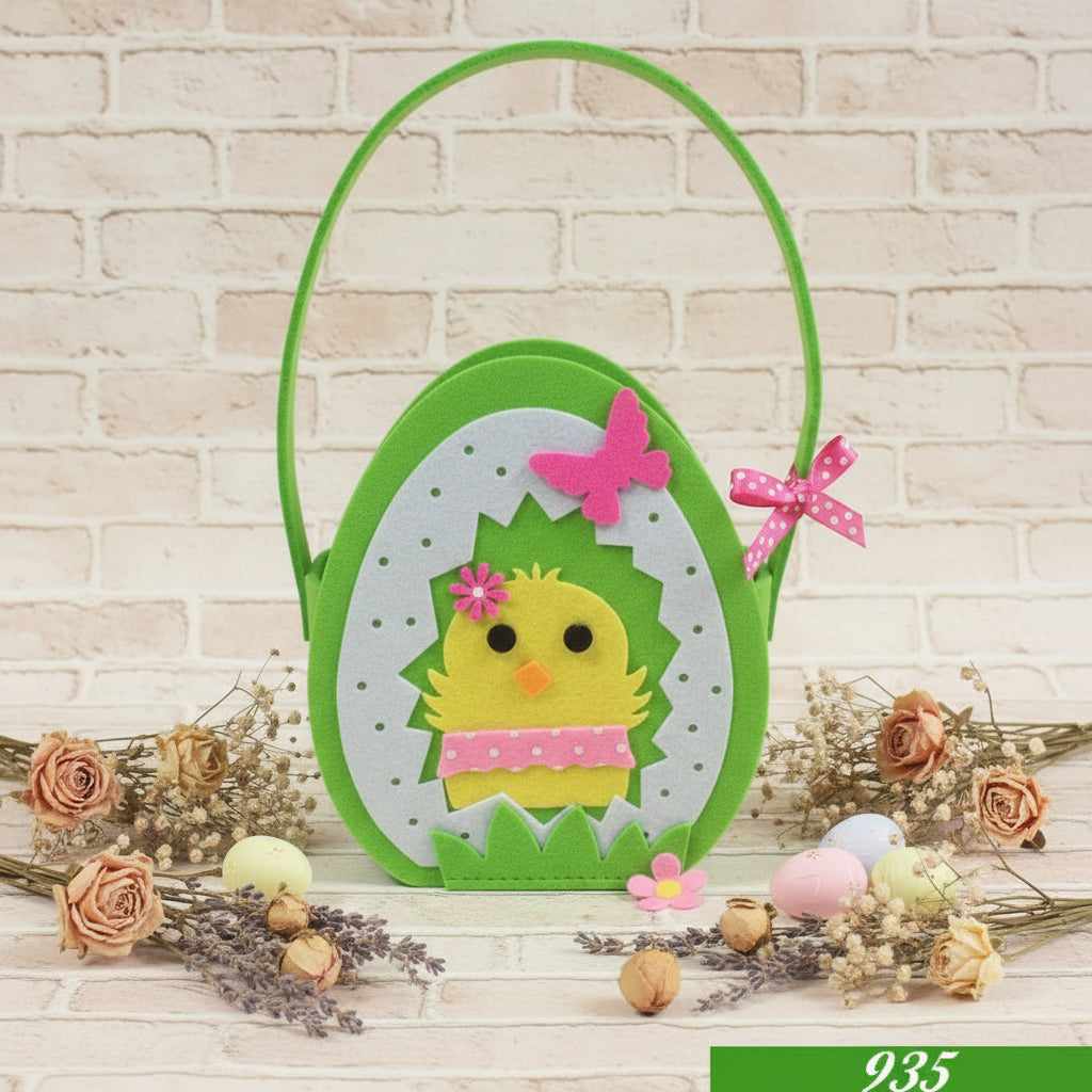 forma ovetto verde con pulcino farfalla rosa borsa shopper regalo cestino porta uovo feltro fai da te pasquale per confezione ovetti fiori dolci pasticceria vetrinistica packaging idee gadget souvenir gioielleria erboristeria